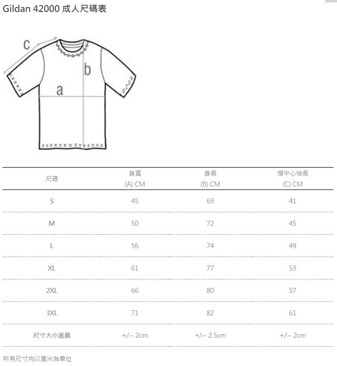 Gildan 42000 Performance 快乾運動T 恤 (美國尺碼) 尺碼表