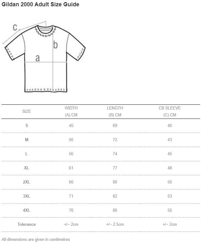 Gildan 2000 Ultra Cotton Adult T-Shirt (US Size) Size Chart