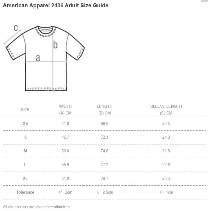 American Apparel 2406 Fine Jersey Crewneck Pocket T-Shirt (US Size) Size Chart