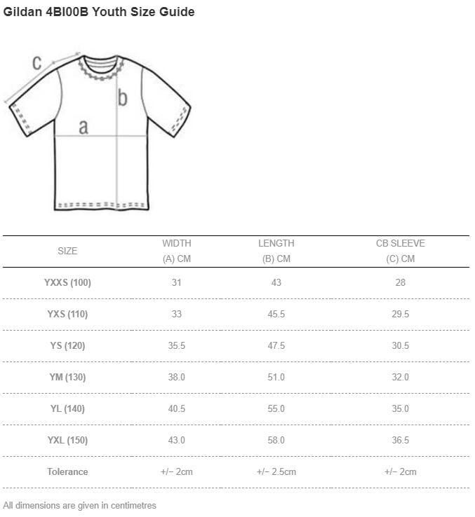 Gildan 4BI00B Performance 4.6oz Youth Mesh T-Shirt Size Chart