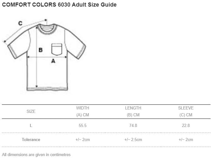 COMFORT COLORS 6030 6.1oz Adult Pigment Dye Pocket Tee (US Size) Size Chart