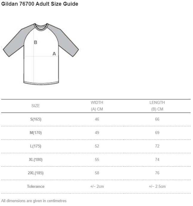 Gildan 76700 Premium Cotton Men's 3/4 Sleeve Raglan T-Shirt Size Chart