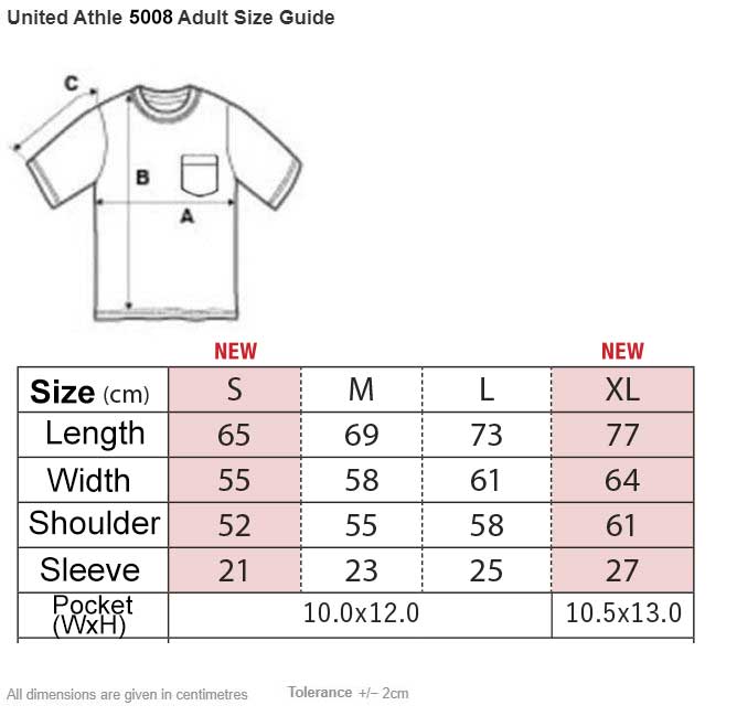 United Athle 5008-01 5.6oz Men's Cotton Oversized Pocket T-shirt Size Chart