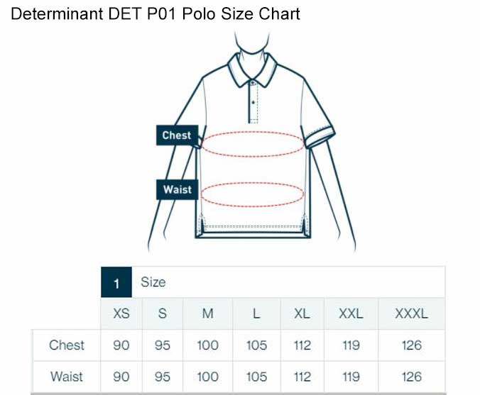 Determinant DETP01 High Performance Dry-Fit Polo Size Chart